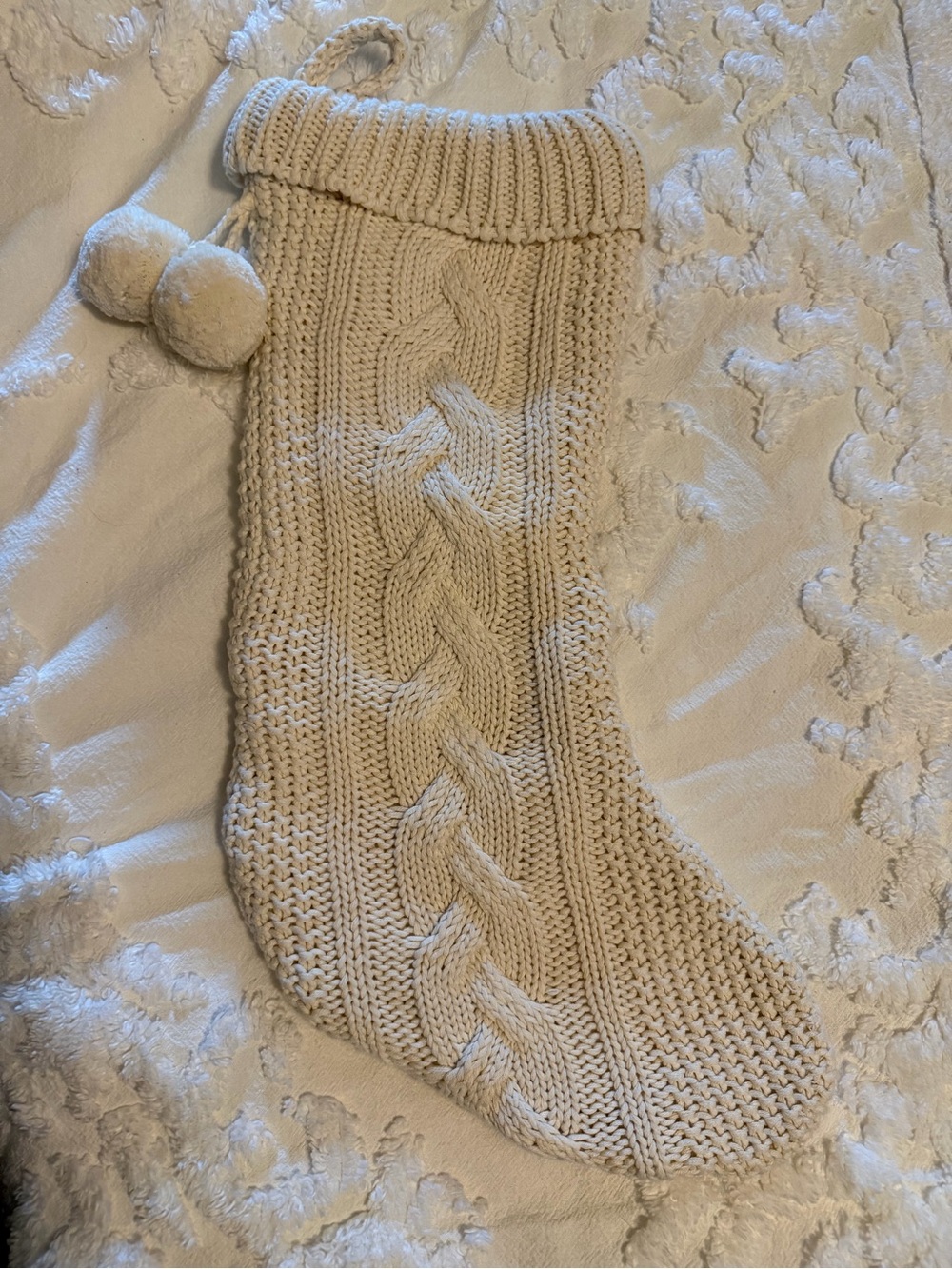 Cable Knit Holiday Stocking with Pom - Cream